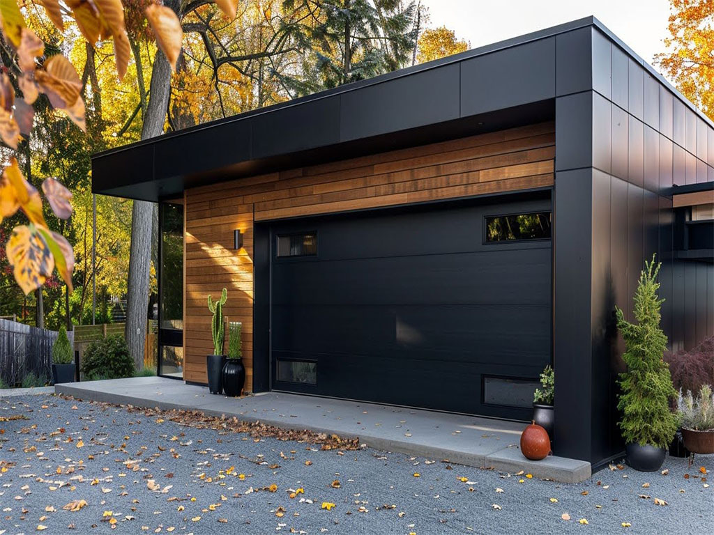 Modern black garage door on a contemporary home with wood and metal exterior, surrounded by autumn foliage.