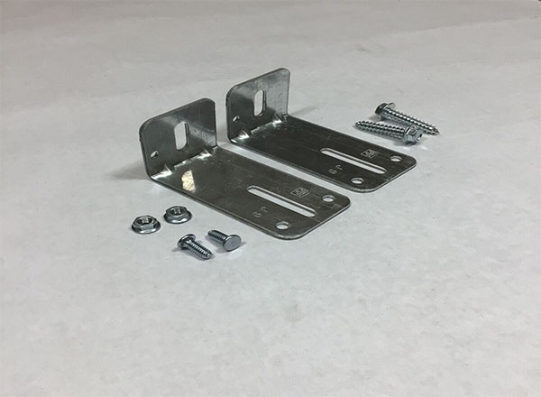 A pair of galvanized steel track brackets with accompanying screws, nuts, and bolts, used for securely mounting garage door tracks.